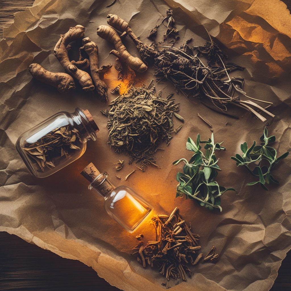 Dried aromatic herbs and botanical roots including ginseng, ashwagandha and fenugreek arranged on aged parchment paper beside a small glass laboratory flask with warm amber backlighting
