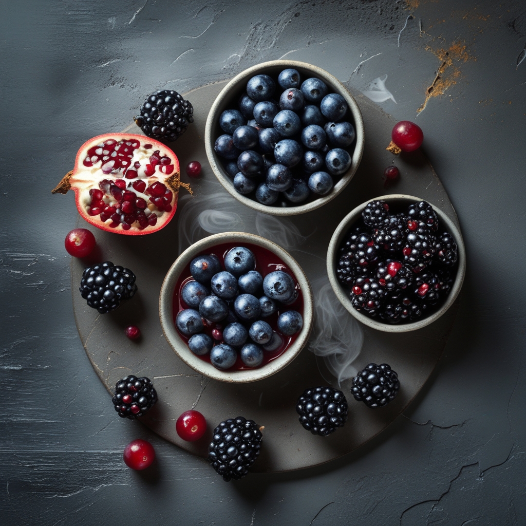Assortment of deep-colored antioxidant-rich fruits including blueberries, blackcurrants, acai berries, and pomegranate arils in small ceramic bowls on a weathered grey wooden surface