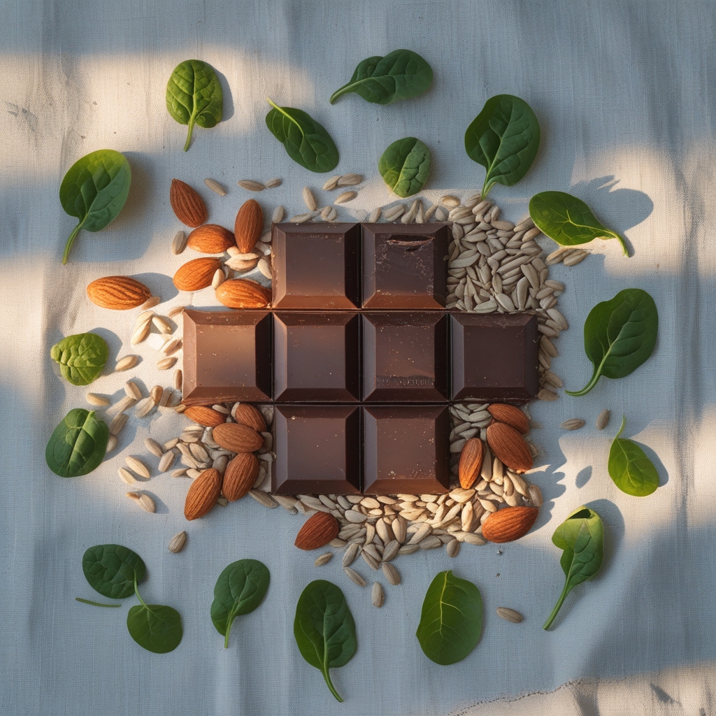 Overhead arrangement of dark chocolate squares, raw almonds, sunflower seeds, and fresh spinach leaves on a light linen surface with gentle even daylight illumination
