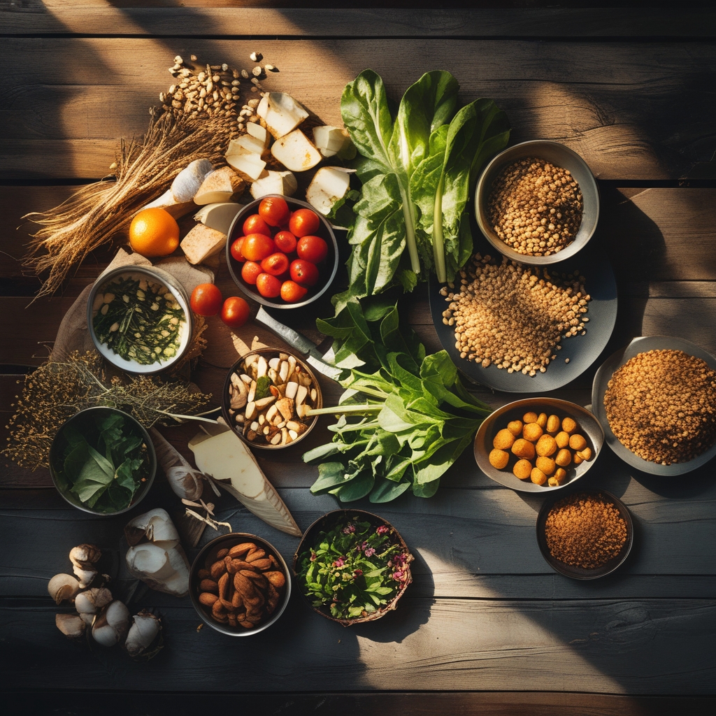 Assortment of fresh seasonal vegetables, whole grains, nuts, and leafy greens arranged on a weathered wooden surface with warm directional morning light casting long shadows